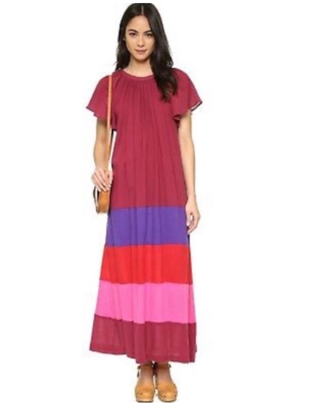Warm NY cotton color block maxi dress flutter striped tiered gauze gauzy boho M